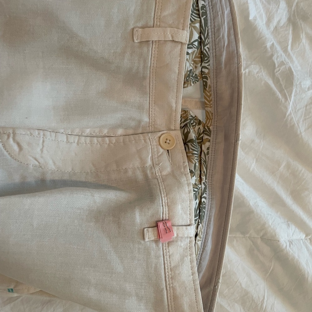 Beige Linen Pants with Leaf Print Lining